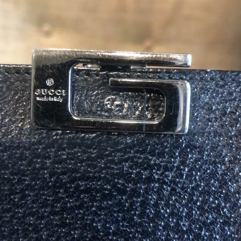 GUCCI Black Lambskin Trifold Long Wallet with Silver G Money Clasp Vintage